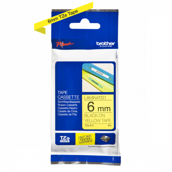 BROTHER szalag TZe-611, Sárga alapon Fekete, Laminált, 6mm  0.23", 8 méter
