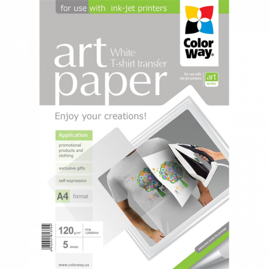 COLORWAY Fotópapír, pólóra vasalható (ART T-shirt transfer, white), 120 g/m2, A4, 5 lap
