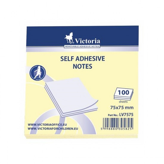 VICTORIA Öntapadó jegyzettömb, 75x75 mm, 100 lap, VICTORIA, sárga