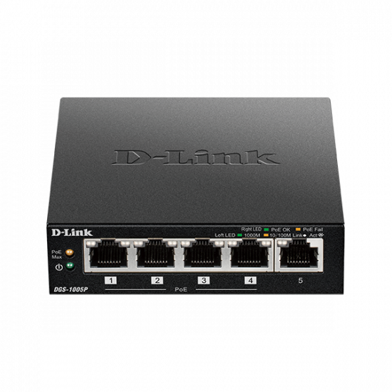 D-LINK Switch 5x1000Mbps (4xPOE+) Fémházas Asztali, DGS-1005P/E