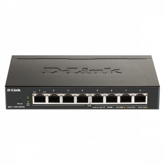 D-LINK Switch 8x1000Mbps (8xPOE) Fémházas Asztali Menedzselhető, DGS-1100-08PV2/E
