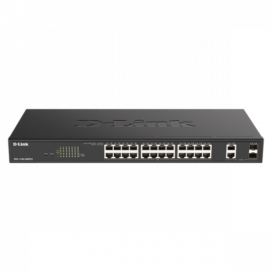D-LINK Switch 24x1000Mbps (24xPOE) + 2xGigabit kombó SFP Fémházas Menedzselhető Rackes, DGS-1100-26MPV2/E