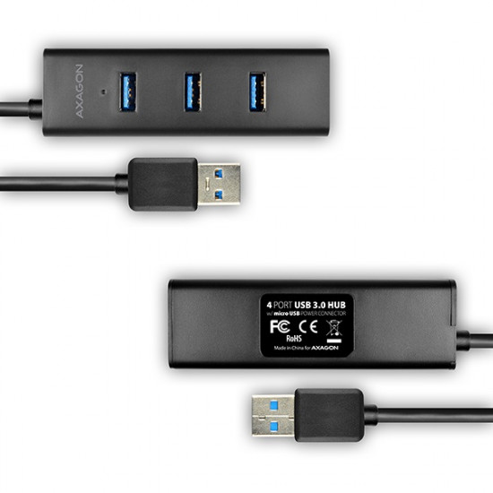 AXAGON HUE-S2BL USB3.0 CHARGING HUB (Négyportos USB 3.0 hub gyors töltéssel és tápellátással. 1,2 méteres kábel)