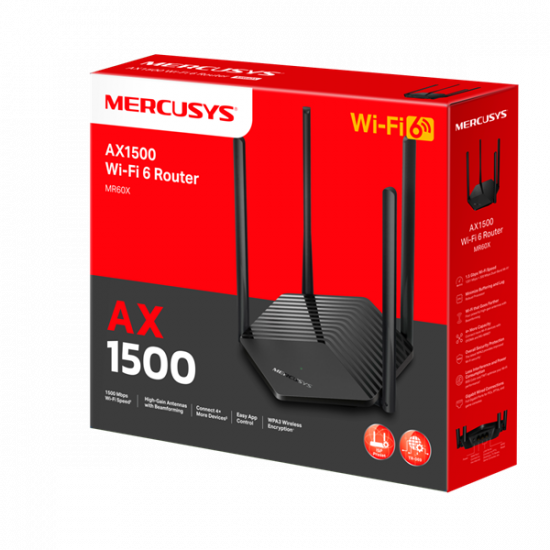 MERCUSYS Wireless Router Dual Band AX1500 1xWAN(1000Mbps) + 3xLAN(1000Mbps), MR60X
