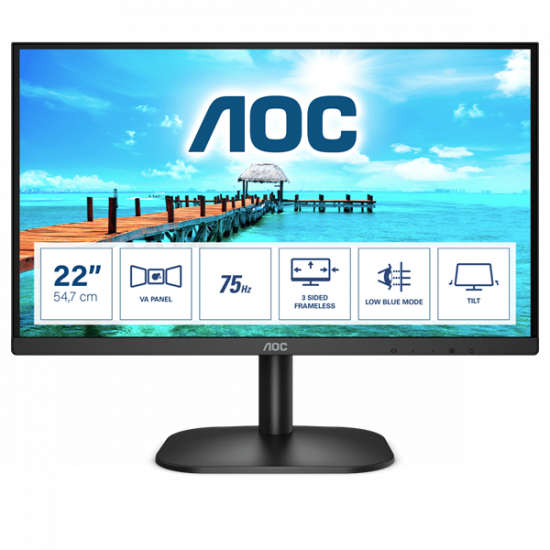 AOC VA monitor 21.5" 22B2H, 1920x1080, 16:9, 250cd/m2, 4ms, VGA/HDMI
