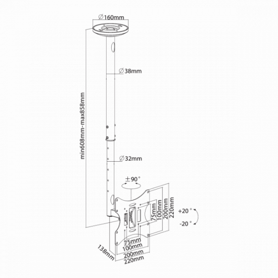 SBOX CPLB-28S mennyezeti fali konzol, dönthető, forgatható, 23"-42", 200x200, max 30 kg