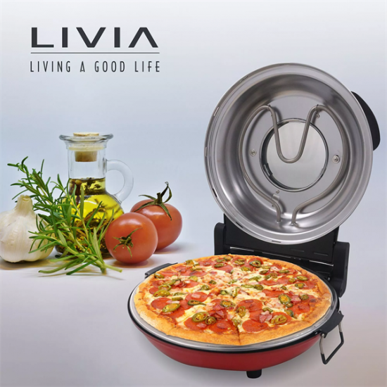 LIVIA LPU1200 elektromos pizzasütő, 32 cm, 1200W, időkapcsoló: 15 perc, 5 teljesítmény fokozat, maximum 400°C, PAN pizza