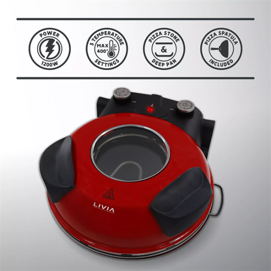 LIVIA LPU1200 elektromos pizzasütő, 32 cm, 1200W, időkapcsoló: 15 perc, 5 teljesítmény fokozat, maximum 400°C, PAN pizza