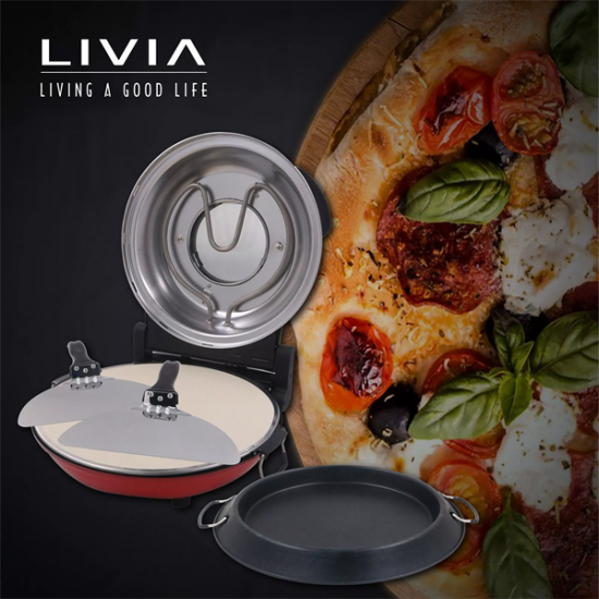 LIVIA LPU1200 elektromos pizzasütő, 32 cm, 1200W, időkapcsoló: 15 perc, 5 teljesítmény fokozat, maximum 400°C, PAN pizza