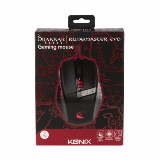 KONIX - DRAKKAR PC Runemaster Evo Egér Vezetékes Gaming 2500DPI, Fekete-Piros