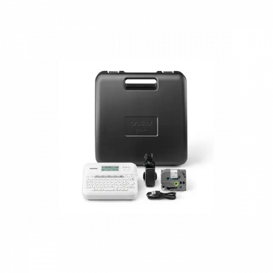 BROTHER Címkenyomtató PT-D410VP, asztali, TZe , 3,5-18mm, könnyen olvasható grafikus kijelző, P-touch,, hordtáska