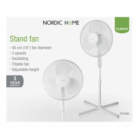 NORDIC HOME FT-530  41cm állóventilátor, 3 év garancia, teljesítmény: 50W,  oszcilláló, 3 sebesség fokozat, dönthető