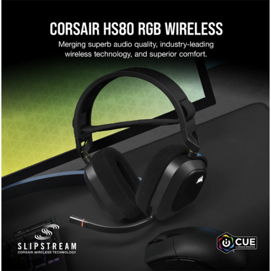CORSAIR Vezeték Nélküli Headset, HS80 RGB WIRELESS Premium Gaming, Dolby Atmos hangzás, szürke