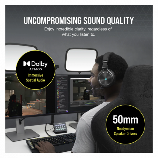 CORSAIR Vezetékes/Vezeték Nélküli Headset, VIRTUOSO RGB WIRELESS XT, Dolby Atmos, fekete