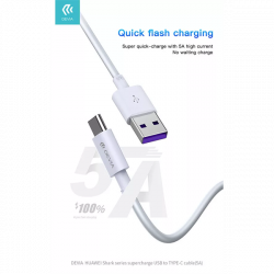 DEVIA USB - USB TYPE-C TÖLTŐ- ÉS ADATKÁBEL 1,5 M-ES VEZETÉKKEL - SHARK SUPERCHARGE USB TYPE-C - 5A - WHITE