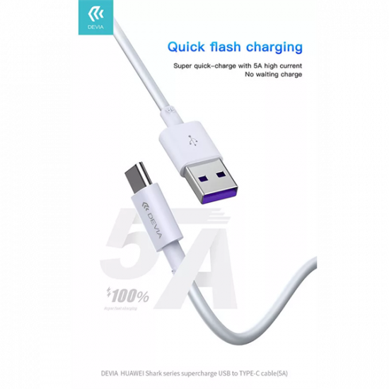 DEVIA USB - USB TYPE-C TÖLTŐ- ÉS ADATKÁBEL 1,5 M-ES VEZETÉKKEL - SHARK SUPERCHARGE USB TYPE-C - 5A - WHITE