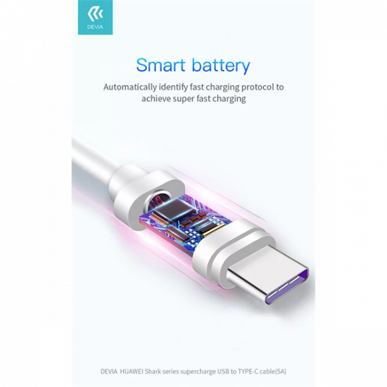 DEVIA USB - USB TYPE-C TÖLTŐ- ÉS ADATKÁBEL 1,5 M-ES VEZETÉKKEL - SHARK SUPERCHARGE USB TYPE-C - 5A - WHITE