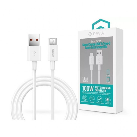 DEVIA USB - USB TYPE-C TÖLTŐ- ÉS ADATKÁBEL 1,5 M-ES VEZETÉKKEL - SHARK SUPERCHARGE USB TYPE-C - 5A - WHITE