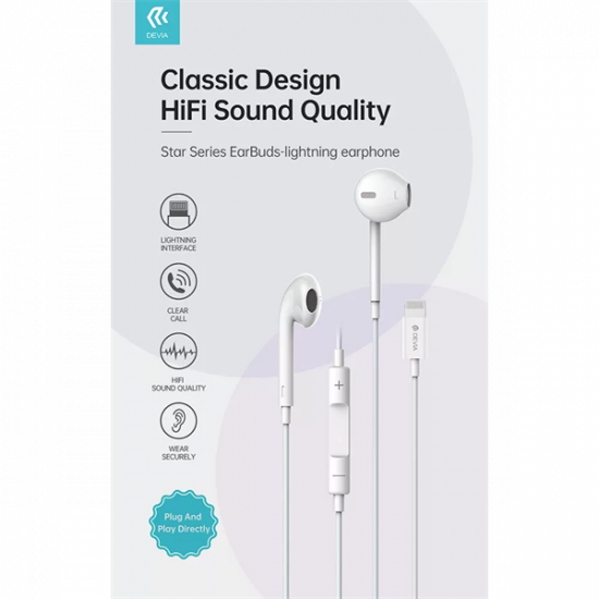 DEVIA UNIVERZÁLIS SZTEREÓ FELVEVŐS FÜLHALLGATÓ - LIGHTNING - STAR SERIES EARBUDS LIGHTNING EARPHONE - FEHÉR