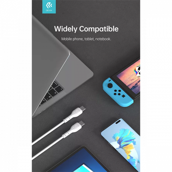 DEVIA USB TYPE-C - USB TYPE-C ADAT- ÉS TÖLTŐKÁBEL 1 M-ES VEZETÉKKEL - KINTONE SERIES TYPE-C TO TYPE-C CABLE - 60W, WHITE