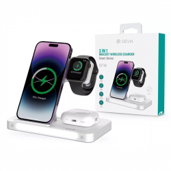 DEVIA QI UNIVERZÁLIS VEZETÉK NÉLKÜLI TÖLTŐ ÁLLOMÁS - 15W - 3in1: SMARTPHONE + IWATCH + AIRPODS - FEHÉR