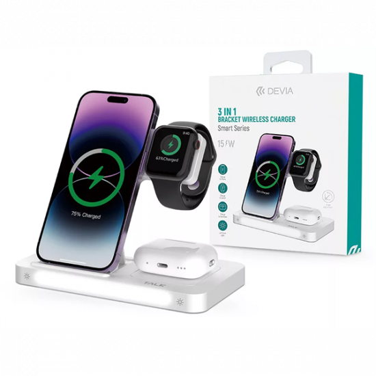 DEVIA QI UNIVERZÁLIS VEZETÉK NÉLKÜLI TÖLTŐ ÁLLOMÁS - 15W - 3in1: SMARTPHONE + IWATCH + AIRPODS - FEHÉR