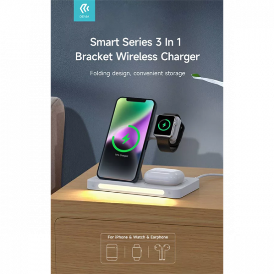 DEVIA QI UNIVERZÁLIS VEZETÉK NÉLKÜLI TÖLTŐ ÁLLOMÁS - 15W - 3in1: SMARTPHONE + IWATCH + AIRPODS - FEHÉR