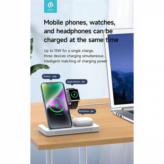 DEVIA QI UNIVERZÁLIS VEZETÉK NÉLKÜLI TÖLTŐ ÁLLOMÁS - 15W - 3in1: SMARTPHONE + IWATCH + AIRPODS - FEHÉR