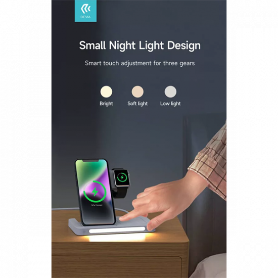 DEVIA QI UNIVERZÁLIS VEZETÉK NÉLKÜLI TÖLTŐ ÁLLOMÁS - 15W - 3in1: SMARTPHONE + IWATCH + AIRPODS - FEHÉR