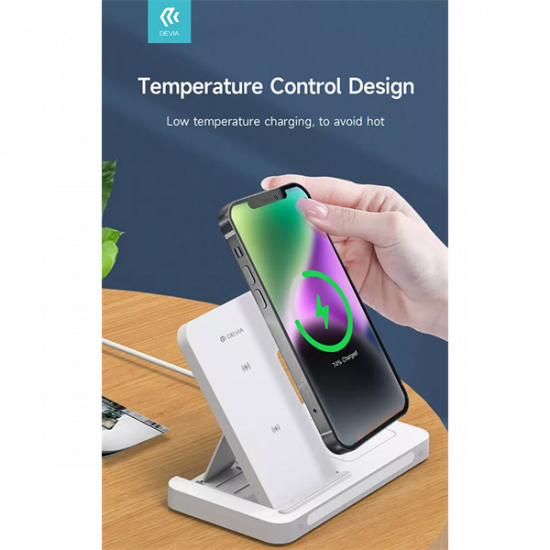DEVIA QI UNIVERZÁLIS VEZETÉK NÉLKÜLI TÖLTŐ ÁLLOMÁS - 15W - 3in1: SMARTPHONE + IWATCH + AIRPODS - FEHÉR