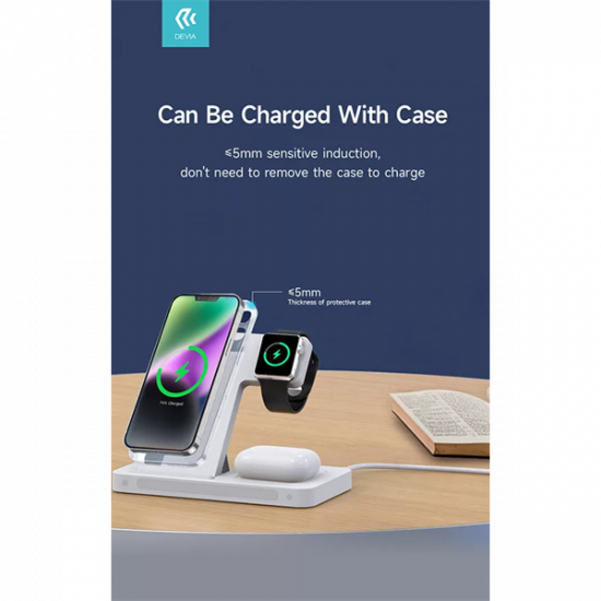 DEVIA QI UNIVERZÁLIS VEZETÉK NÉLKÜLI TÖLTŐ ÁLLOMÁS - 15W - 3in1: SMARTPHONE + IWATCH + AIRPODS - FEHÉR