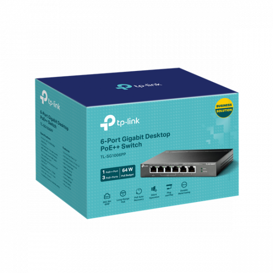 TP-LINK Switch 6x1000Mbps(3xPOE+ + 1xPOE++) Fémházas Asztali, TL-SG1006PP