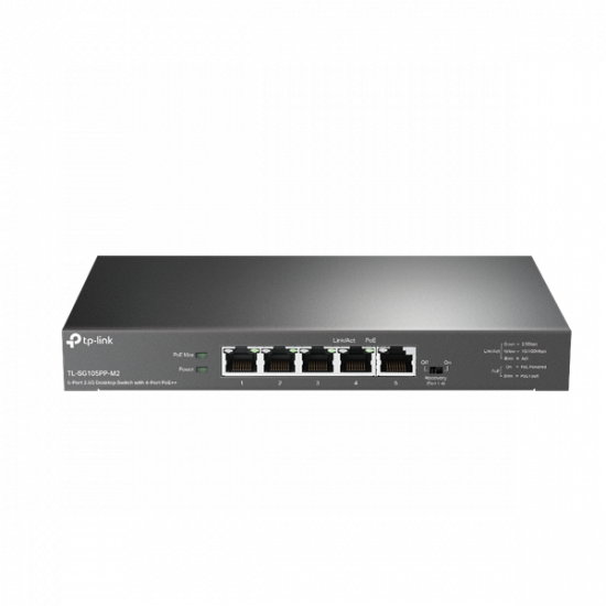TP-LINK Switch 5x2.5G(4xPOE++) Fémházas Asztali, TL-SG105PP-M2