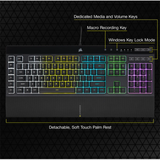 CORSAIR Vezetékes Billentyűzet Gaming, K55 RGB PRO, 6 programozható billentyű, Cseppálló, Csuklótámasz, US, fekete