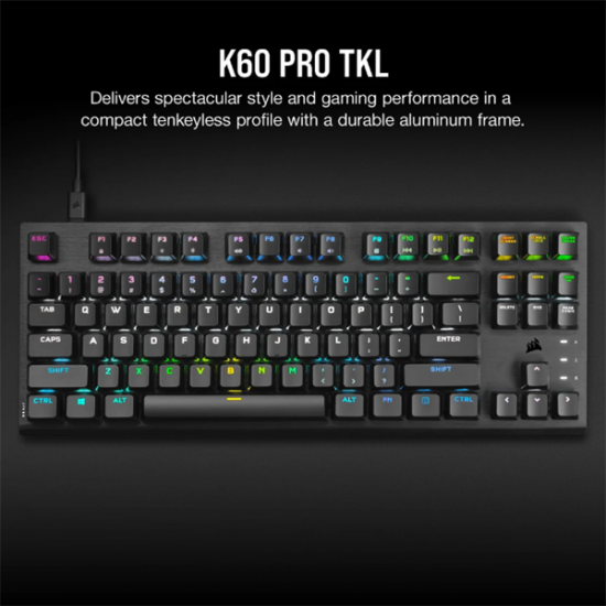 CORSAIR Vezetékes Billentyűzet Gaming, K60 PRO TKL RGB, Optical-Mechanical, Alumínium keret, US, fekete