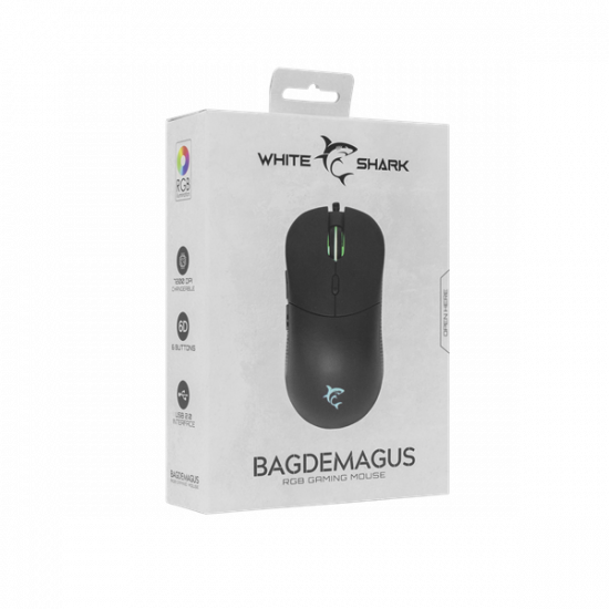 WHITE SHARK BAGDEMAGUS-B, GM-5010B gamer egér, 6D, fekete, 7200 dpi, RGB