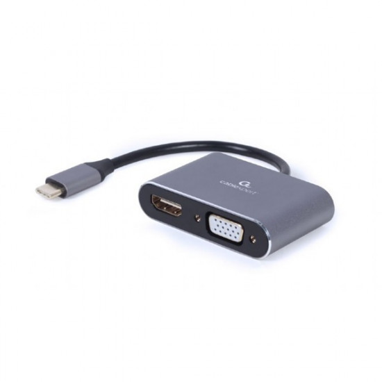 GEMBIRD adapter, USB-C - 1db HDMI 1.4 1db VGA M/F, 0,15m szürke