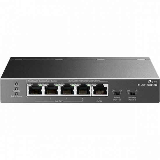 TP-LINK Switch 5x1000Mbps(1xPOE++/4xPOE+) Fémházas, TL-SG1005P-PD