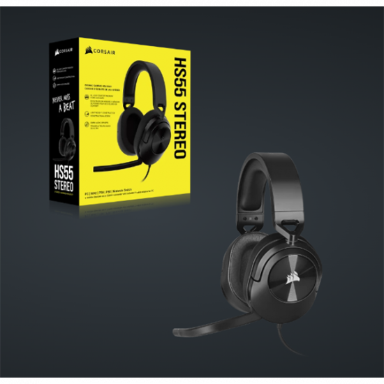 CORSAIR Vezetékes Headset, HS55 Gaming, Ultrakönnyű, Jack dugós, fekete