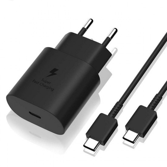 BLACKBIRD Hálózati Töltő 25W TR145 PD USB-C + USB-C Adatkábel 1m, Fekete (Gyári kivitel)