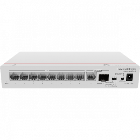 Huawei eKit Switch 8x1000Mbps (124W POE+) + 1x1000Mbps Uplink + 1x1GE (SFP), Nem menedzselhető, Asztali - S110-8P2ST