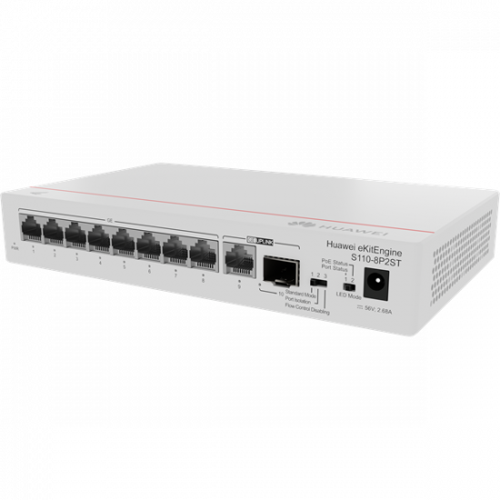 Huawei eKit Switch 8x1000Mbps (124W POE+) + 1x1000Mbps Uplink + 1x1GE (SFP), Nem menedzselhető, Asztali - S110-8P2ST