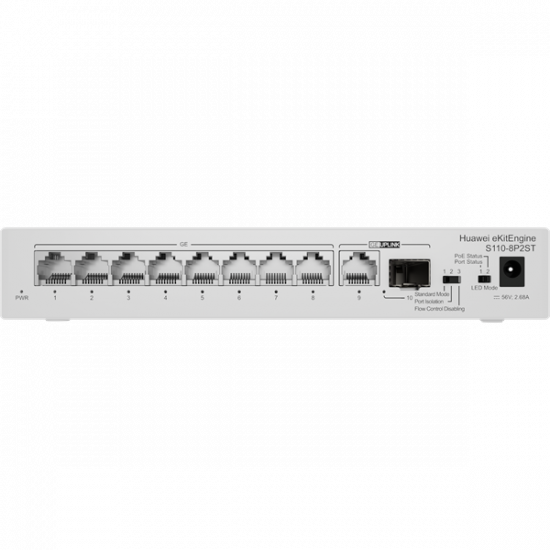Huawei eKit Switch 8x1000Mbps (124W POE+) + 1x1000Mbps Uplink + 1x1GE (SFP), Nem menedzselhető, Asztali - S110-8P2ST
