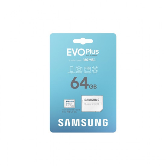 SAMSUNG Memóriakártya, EVO Plus microSDXC kártya, 64GB, UHS-I, U1, V10, A1, + SD Adapter, R160/W