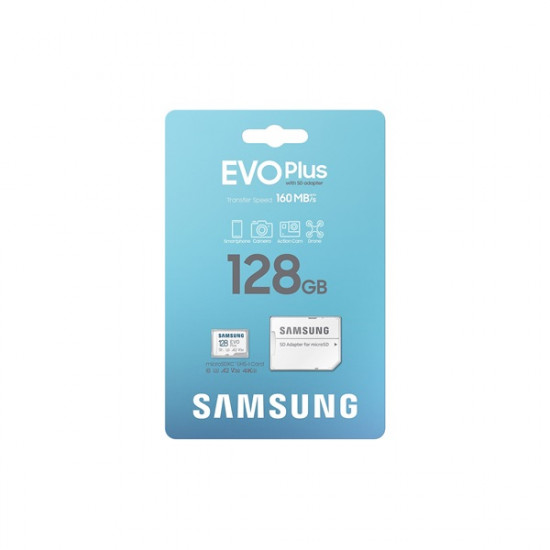 SAMSUNG Memóriakártya, EVO Plus microSDXC kártya ,128GB, UHS-1, U3, V30, A2, + SD Adapter, R160/W