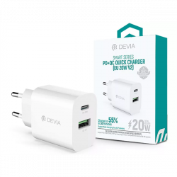 DEVIA ST38524 HÁLÓZATI TÖLTŐ ADAPTER TYPE-C + USB BEMENETTEL - 20W - SMART SERIES PD3.0 + QC3.0 QUICK CHARGER V2 - FEHÉR
