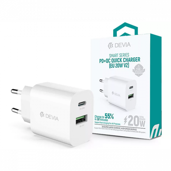 DEVIA ST38524 HÁLÓZATI TÖLTŐ ADAPTER TYPE-C + USB BEMENETTEL - 20W - SMART SERIES PD3.0 + QC3.0 QUICK CHARGER V2 - FEHÉR