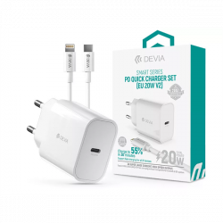 DEVIA ST383847 HÁLÓZATI TÖLTŐ ADAPTER TYPE-C BEMENETTEL + TYPE-C - LIGHTNING KÁBEL - 20W - FEHÉR