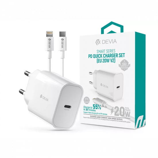 DEVIA ST383847 HÁLÓZATI TÖLTŐ ADAPTER TYPE-C BEMENETTEL + TYPE-C - LIGHTNING KÁBEL - 20W - FEHÉR