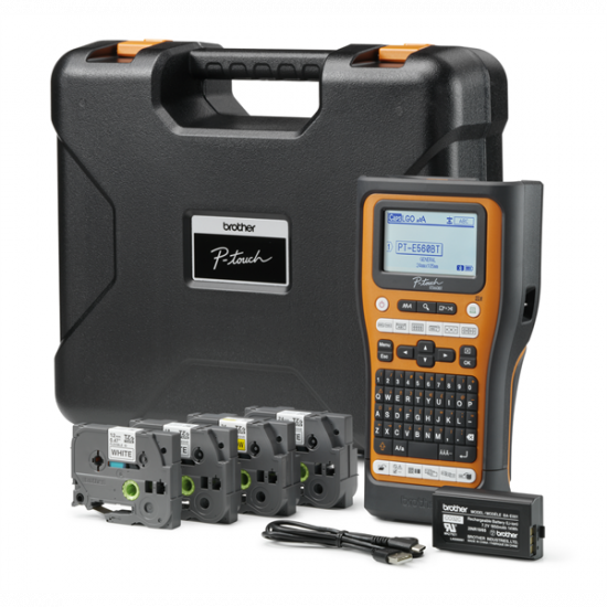 BROTHER Címkéző PT-E560BTSP, QWERTY billentyűzet, TZe szalag: 3,5-24mm, (tölthető akku, hordtáska, TZE szalag készlet)